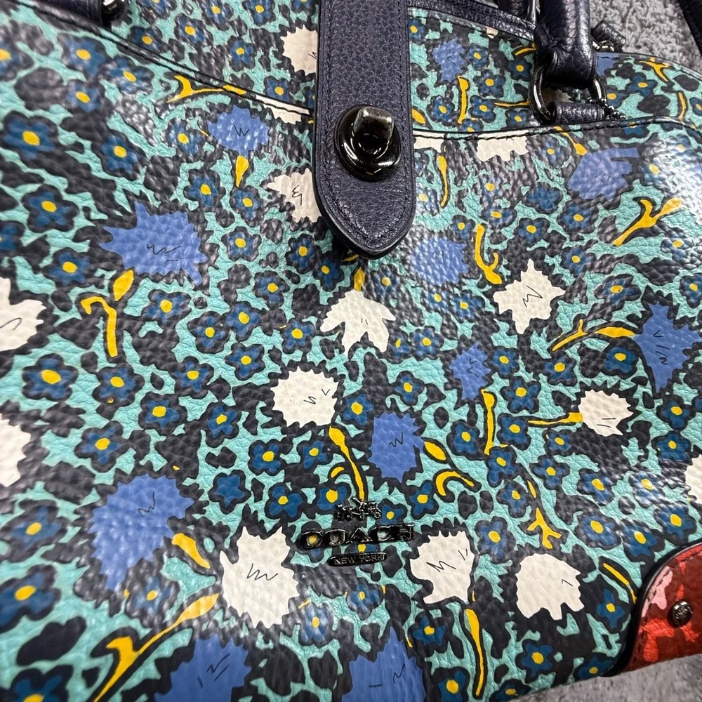 COACH Mercer Satchel 24 Leather Crossbody Bag Yankee Floral Blue